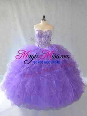 Lavender Tulle Lace Up Sweetheart Sleeveless Floor Length Quinceanera Gown Beading and Ruffles and Sequins