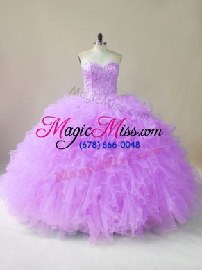 Floor Length Lilac 15th Birthday Dress Tulle Sleeveless Beading and Ruffles