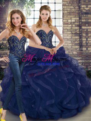 Navy Blue Sweet 16 Dresses Military Ball and Sweet 16 and Quinceanera with Beading and Ruffles Sweetheart Sleeveless Lace Up