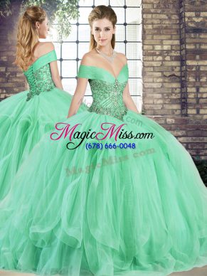Apple Green Sleeveless Tulle Lace Up Ball Gown Prom Dress for Military Ball and Sweet 16 and Quinceanera