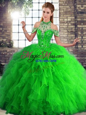 Graceful Halter Top Sleeveless Lace Up Quinceanera Dresses Green Tulle
