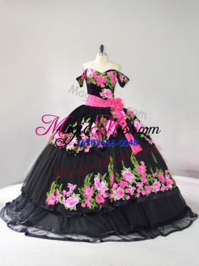 Flirting Black Lace Up Quinceanera Gowns Embroidery Sleeveless Brush Train