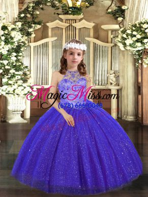 Royal Blue Lace Up Child Pageant Dress Beading Sleeveless Floor Length