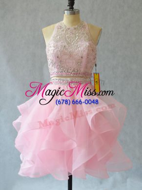 Mini Length Baby Pink Dress for Prom Tulle Sleeveless Beading and Ruffles