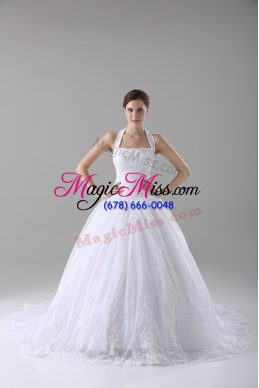 Designer White Organza Lace Up Halter Top Sleeveless Wedding Dresses Brush Train Lace
