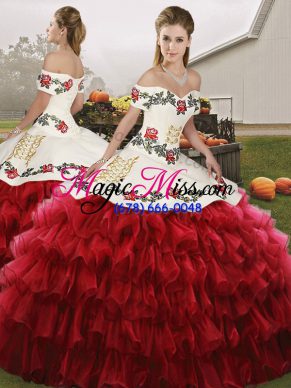 Wine Red Sleeveless Floor Length Embroidery and Ruffled Layers Lace Up Quince Ball Gowns
