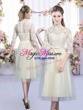 Noble Champagne Zipper Wedding Guest Dresses Lace and Bowknot Half Sleeves Tea Length