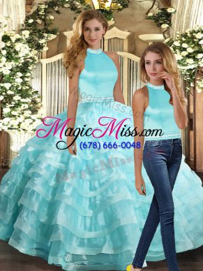 Best Aqua Blue Organza Backless Quinceanera Dresses Sleeveless Floor Length Beading and Ruffled Layers