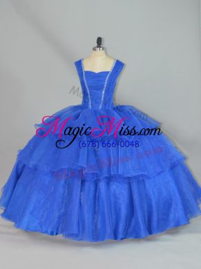 Extravagant Ball Gowns Ball Gown Prom Dress Blue Straps Organza Sleeveless Floor Length Lace Up