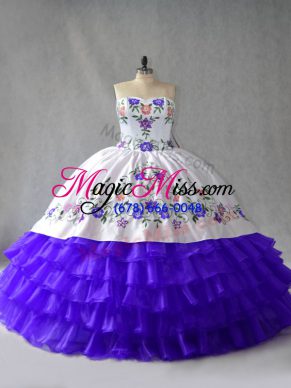 Pretty Blue And White Lace Up Sweetheart Embroidery and Ruffled Layers Ball Gown Prom Dress Organza Sleeveless
