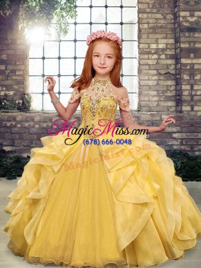 Excellent Gold Lace Up Scoop Beading and Ruffles Kids Formal Wear Organza Sleeveless