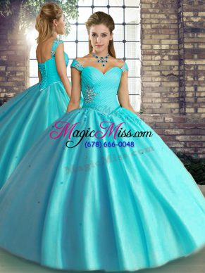 Off The Shoulder Sleeveless Lace Up 15th Birthday Dress Aqua Blue Tulle