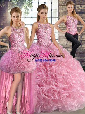 Fashionable Floor Length Rose Pink Ball Gown Prom Dress Fabric With Rolling Flowers Sleeveless Beading