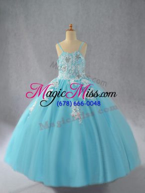 Fancy Sleeveless Floor Length Beading and Appliques Lace Up Little Girls Pageant Dress with Aqua Blue
