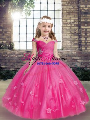 Simple Hot Pink Pageant Dress for Womens Party and Wedding Party with Beading and Hand Made Flower Straps Sleeveless Lace Up