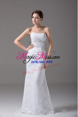 Sleeveless Brush Train Beading and Lace and Belt Zipper Bridal Gown