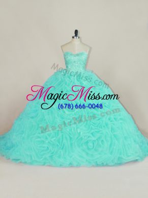 Custom Designed Aqua Blue Ball Gowns Sweetheart Sleeveless Fabric With Rolling Flowers Court Train Lace Up Beading and Ruffles Sweet 16 Dress