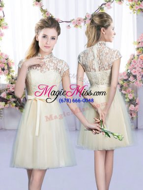 Champagne Cap Sleeves Lace and Bowknot Mini Length Court Dresses for Sweet 16