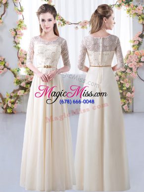 Affordable Half Sleeves Zipper Floor Length Lace and Belt Wedding Guest Dresses