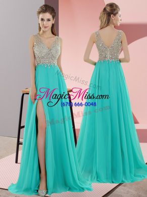 Sleeveless Chiffon Sweep Train Zipper Prom Party Dress in Turquoise with Beading