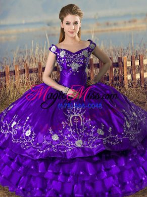 Off The Shoulder Sleeveless Lace Up 15th Birthday Dress Purple Satin and Organza