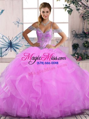 Floor Length Lilac Sweet 16 Quinceanera Dress Tulle Sleeveless Beading and Ruffles