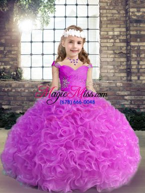 Adorable Straps Sleeveless Girls Pageant Dresses Floor Length Beading and Ruching Lilac Fabric With Rolling Flowers