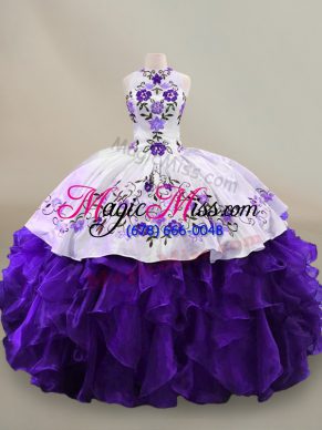 White And Purple Lace Up Halter Top Embroidery and Ruffles Ball Gown Prom Dress Organza Long Sleeves