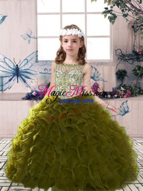 High End Tulle Scoop Sleeveless Lace Up Beading and Ruffles Little Girl Pageant Gowns in Olive Green