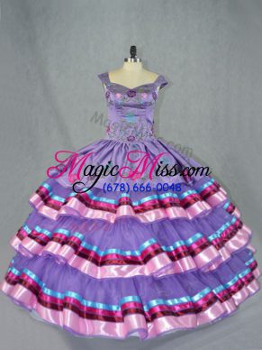 Artistic Lavender Ball Gowns Organza Straps Sleeveless Embroidery and Ruffled Layers Floor Length Lace Up Sweet 16 Dress