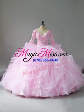 Exceptional Ball Gowns Quince Ball Gowns Pink V-neck Tulle Long Sleeves Floor Length Lace Up