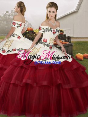 Fantastic Embroidery and Ruffled Layers Quinceanera Gown Wine Red Lace Up Sleeveless Brush Train