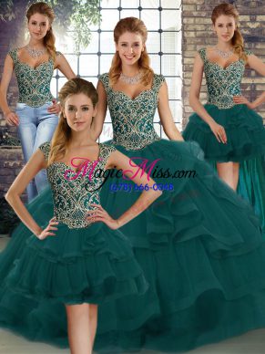 Customized Peacock Green Sleeveless Tulle Lace Up Ball Gown Prom Dress for Military Ball and Sweet 16 and Quinceanera