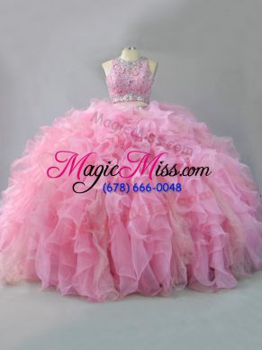 Floor Length Two Pieces Sleeveless Pink Sweet 16 Dresses Lace Up