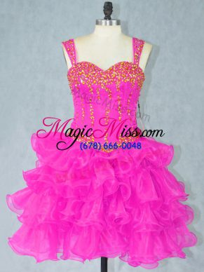 Extravagant Sleeveless Organza Mini Length Lace Up Prom Party Dress in Fuchsia with Beading and Ruffled Layers