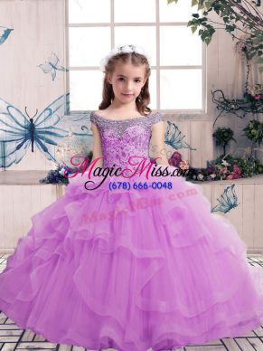 Great Sleeveless Tulle Floor Length Lace Up Child Pageant Dress in Lilac with Beading
