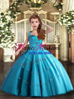 High End Straps Sleeveless Lace Up Little Girls Pageant Dress Baby Blue Tulle