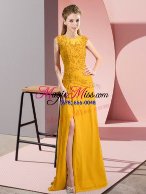 Gold Column/Sheath Chiffon Scoop Sleeveless Beading Floor Length Zipper Prom Dresses