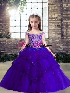 Great Purple Off The Shoulder Neckline Beading and Lace and Appliques Kids Formal Wear Sleeveless Lace Up