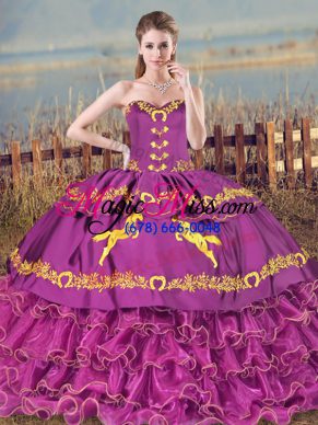 Glorious Purple Ball Gown Prom Dress Sweet 16 and Quinceanera with Embroidery and Ruffles Sweetheart Sleeveless Brush Train Lace Up