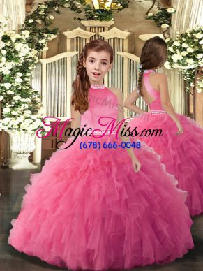 High Quality Rose Pink Tulle Backless High-neck Sleeveless Floor Length Little Girl Pageant Dress Beading and Ruffles