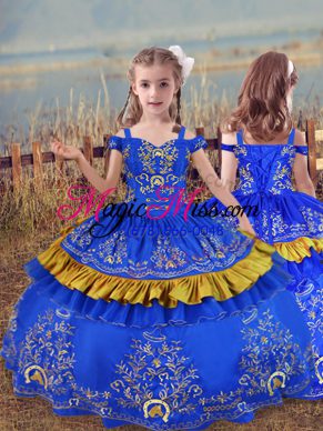 Blue Sleeveless Floor Length Beading and Embroidery Lace Up Little Girls Pageant Gowns