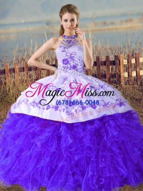 Affordable Halter Top Sleeveless Organza Sweet 16 Dress Embroidery and Ruffles Court Train Lace Up