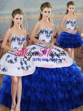Embroidery and Ruffled Layers and Bowknot 15th Birthday Dress Royal Blue Lace Up Sleeveless Floor Length