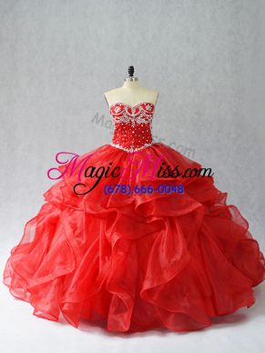 Red Organza Lace Up Sweetheart Sleeveless Floor Length Quince Ball Gowns Beading and Ruffles