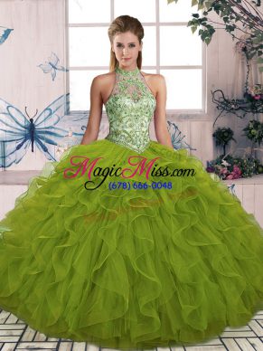 Popular Olive Green Sleeveless Tulle Lace Up Quinceanera Dresses for Military Ball and Sweet 16 and Quinceanera