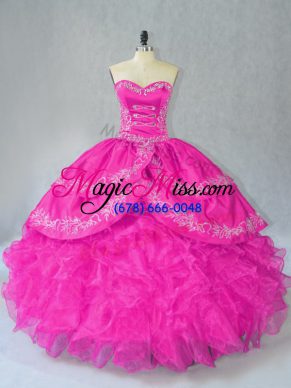 Pretty Floor Length Lace Up Quinceanera Dress Fuchsia for Sweet 16 and Quinceanera with Embroidery and Ruffles