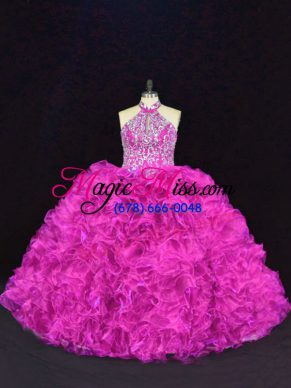 Fashion Floor Length Ball Gowns Sleeveless Fuchsia Quinceanera Gowns Lace Up