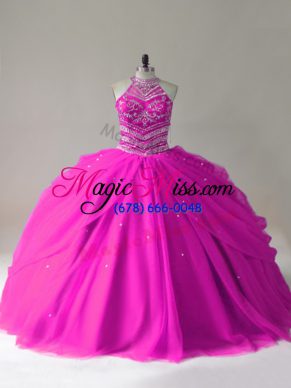 Perfect Halter Top Sleeveless 15th Birthday Dress Beading Fuchsia Tulle