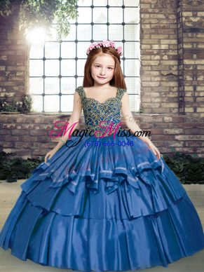 Blue Taffeta Lace Up Little Girls Pageant Dress Sleeveless Floor Length Beading